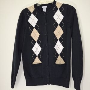 Izod Golf Black Cardigan with Argyle Pattern, Size Small